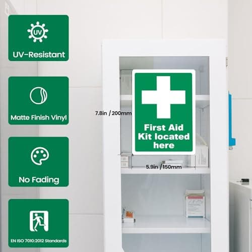 First Aid Kit Located Here Signs, 5 Pack, 200x150mm Vinyl Safety Stickers — view 2