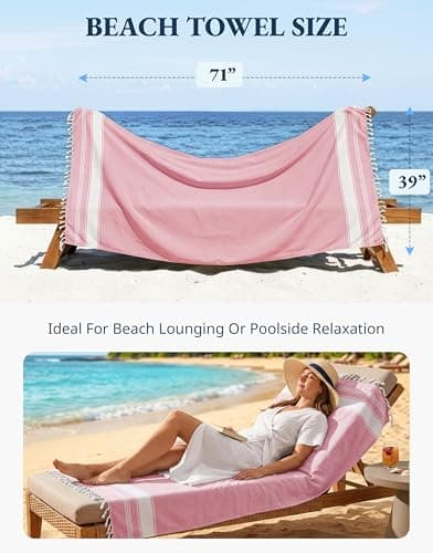 LANE LINEN Turkish Beach Towels, 2 Pack Extra Large Beach Towel, Pre-Washed for Soft Feel, Cotton Rich Oversized Sand Free Quick-Dry Pool Towel, Beach Towels For Adults, 39"x71" - Candy Pink — view 4