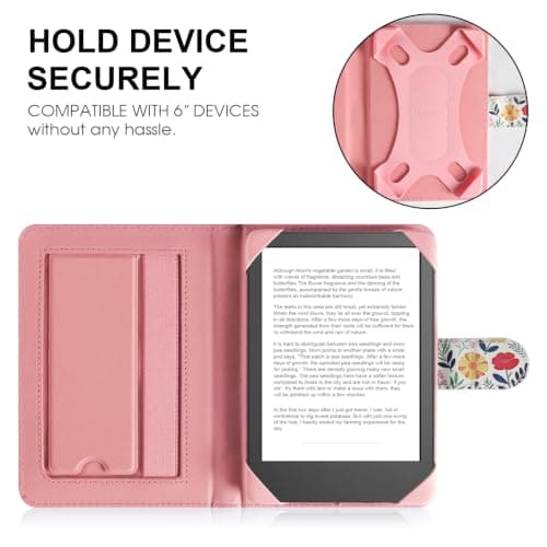 HoYiXi Universal Case For 6 inch eReader,Compatible with Kindle/Kobo Clara HD/Kobo Clara 2E/Paperwhite/PocketBook/Tolino eReader,with HandStrap/Kickstand, Cover Case for 6'' eReaders,Floral — view 2
