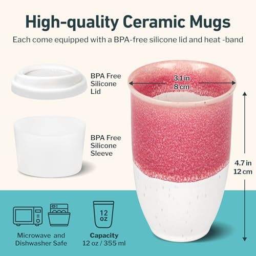 NOVA CERAMICS Travel Mugs - Ceramic Tumbler with Lid – Ceramic Travel Mug to Go Cup – Microwave & Dishwasher Safe Ceramic Coffee Tumbler - Gifts for Women Men Him Her – 355ml – Coral Pink — view 3