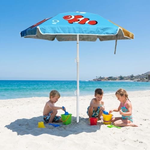 LOTTAFUN Kid 5ft Beach Umbrella Diameter 0.99-1.2 inches Pole UV 50+ Portable Sun Shade with Sand Anchor & Carry Bag, Outdoor Folding Umbrella for Beach,Pool,Patio,Garden (Fish) NO Tilt The sand needs — view 3
