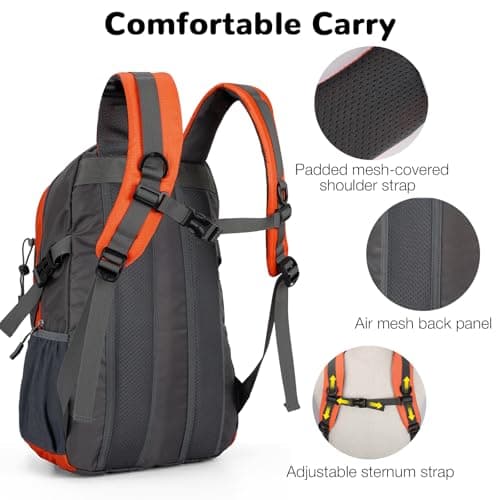 Outplea Small Hiking Backpack, 25L Lightweight Travel Rucksack Women Men, Casual Daypack for Outdoor Sports Trekking Camping, Orange — view 3