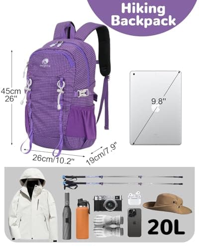 Outplea Small Hiking Backpack Waterproof, 20L Travel Daypack Lightweight Women Men, Sports Rucksack for Camping Walking Cycling, Purple — view 2
