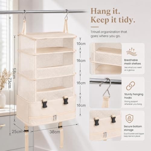 FERNVALE Hanging Travel Storage Bag 5-Layer Large Capacity Foldable Suitcase Organizer Portable Hanging Toiletry Bag with Steel Frame Heavy Duty Closet Wardrobe Storage for Home Hotel & Dorm (Khaki) — view 2
