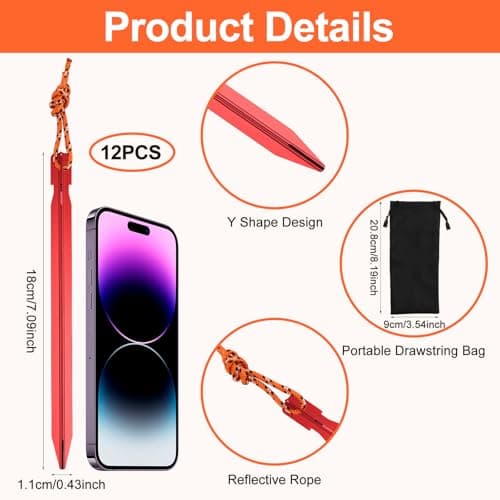 12 Pack Y Shape Aluminum Alloy Tent Stakes, 18cm Triangular Camping Pegs — view 2