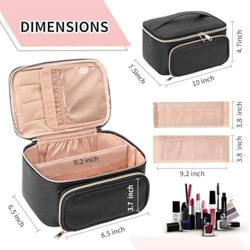 Large Makeup Bag Travel Cosmetic Bag with Makeup Brushes Compartment Black — view 6