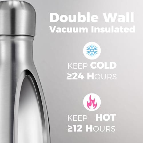 Volhoply 500ml Insulated Stainless Steel Water Bottle, Double Wall Vacuum Flask, Keeps Cold 24h & Hot 12h, Available in Packs of 1 or 4（Silver,1 Pack — view 3