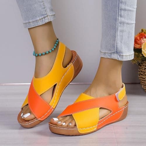Open Toe Orthopedic Sandals for Women with Back Strap,Ladies Patchwork Slingback Wedge Sliders Ankle Strap Casual Summer Arch Support Comfy Walking Sandal with Touch Fastening Size 4 Orange-Yellow — view 4