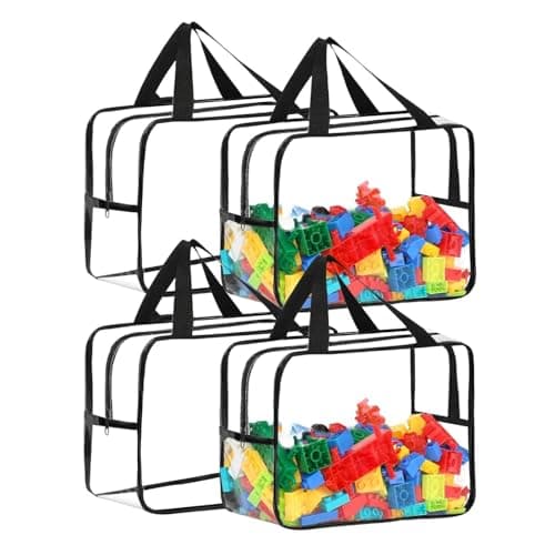 4-Piece Clear Toy Storage Bag Set, Black Frame Handles,Toy Storage Bags