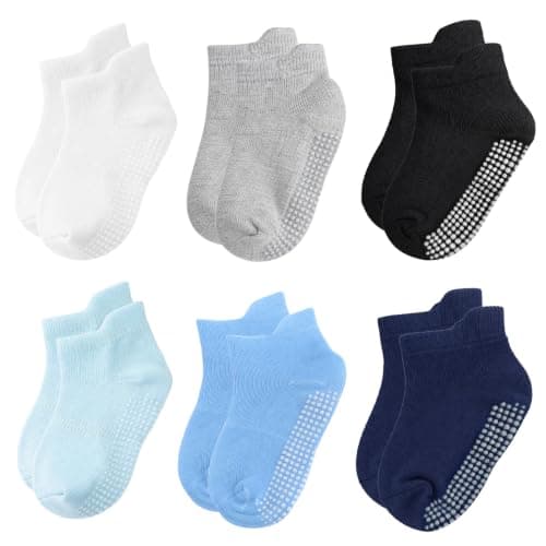 Lafefe 6 Pairs Short Style Baby Grip Socks for Boy 1-3 Years Toddler Infant Kids Children, Non Slip Toddler Socks Cotton Solid Colour