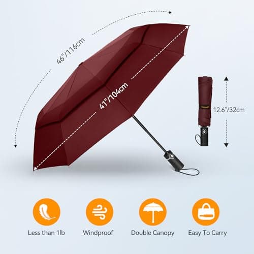 TECKNET Windproof Automatic Umbrella - Strong Compact Travel, Large Wind Resistant With 10 Ribs, Folding Lightweight Golf for Rain - Men, Red — view 5