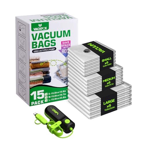 VACKFOX Vacuum Bags for Travel with USB & TYPE C Pump, Vacuum Seal Travel Bags, 15 Pack Carry-On Vacuum Storage Bags for Luggage & Suitcase, Space Saver for Clothes & Travel(Green)