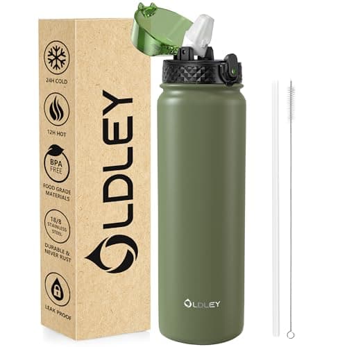 OLDLEY Stainless Steel Water Bottle with Straw 1L Vaccum Insulated Large Drink Flask Metal Water Bottles 1 Litre Leakproof Keep Drinks Hot Cold for Camping Sports Gym Adult Women Men(Olive, 1 Lid)