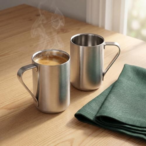 Focenat Set of 2 Stainless Steel Coffee Mugs, 300 ml Double Walled Insulated Cups with Handle, Metal Thermal Mug for Travel Home Office, Unbreakable Silver — view 2