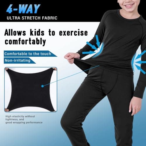 Fiohiros Boys Kids Base Layer,Pro Fleece-Lined Kid Thermal Long Sleeve Top Leggings Set,Athletic Thermal Underwear Football Compression Set for Sport Ski (Black Line 2-Piece Set, 8-9 Years; Size 26) — view 4