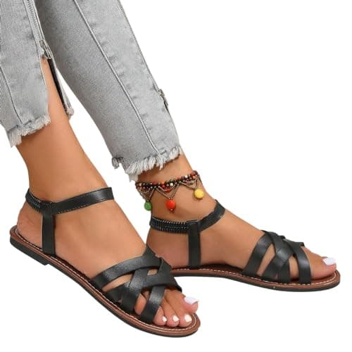Women's Sandals UK Slingback Flat Feet Leather Roman Sandals Women Casual Travel Breathable Flip Flop Womens Wide Fit Slippers Ladies Summer Beach Shoes for Indoor and Outdoor Size 3.5-7.5 Black — view 2