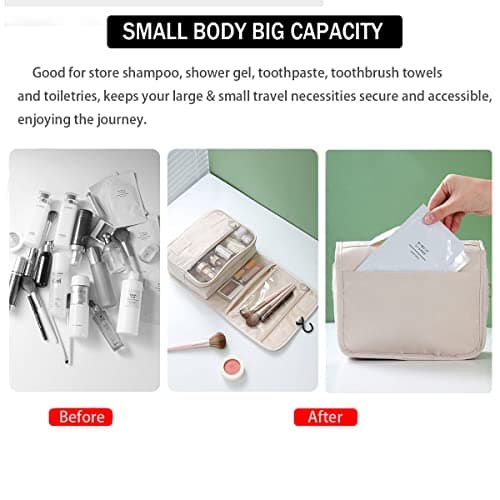 Travel Hanging Toiletry Wash Bag, Veyarien Folding Waterproof Makeup Cosmetic Bags Organizer for Women Ladies Girls (Beige) — view 4