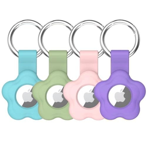 Alsukeay 4 Pack Holder Case for AirTag with Keychain Flower Silicone Protective Cover with Loop Key Ring for Kids Pets Wallet Backpacks Luggage (Blue/Green/Pink/Purple)