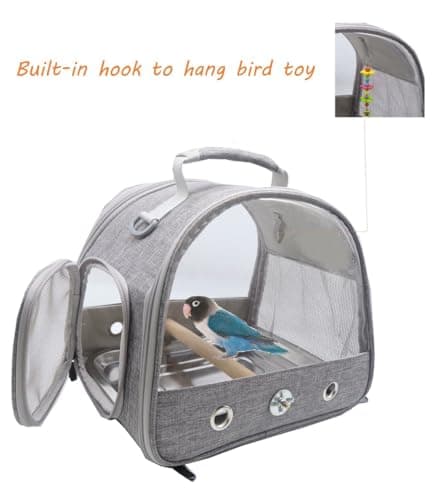 Bird Travel Carrier with Standing Perch and stainless Steel Tray,Breathable Collapsible Small Bird Carrier Travel Bag for Parrot Parakeet Small Animals for travel hiking Camping (Grey) — view 5