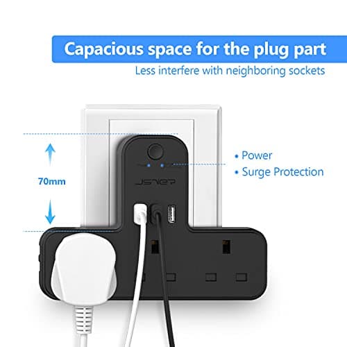 Plug Adaptor UK 3 Way, JSVER Plugs Extension Sockets with 3 USB Slots(5V/2.4A) Wall Socket Extension 13A for Home, Office, Kitchen,Black — view 3