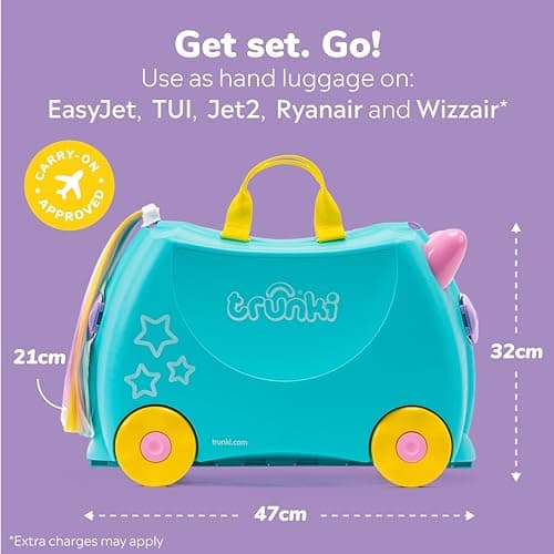Trunki Children’s Ride-On Suitcase and Kid's Hand Luggage | Unicorn Gifts for 3-4 Year Old Girls : Una Unicorn (Teal) — view 3