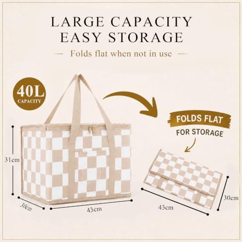 Ohocut Checkered Cooler Bag, Large 40L Foldable Insulated Grocery Shopping Bag, Checkerboard Cool Insulated Food Delivery Bag for Picnic, Camping, Travel (Beige) — view 6
