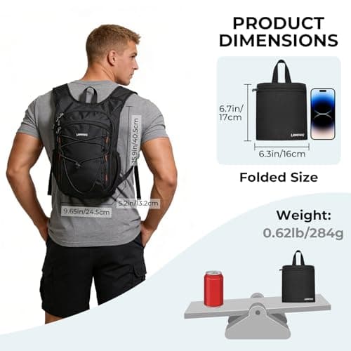 LAIMEIWEE Lightweight Foldable Hiking Backpack - 13L Small Rucksack for Men & Women, Water-repellent Travel Bag, Packable Daypack for Walking, Camping, Sports & Outdoor (Black) — view 2