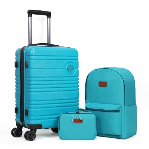Aklsvion 20 Inch Suitcase Set PC Hard Shell Luggage Hand Luggage Travel Trolley Case Cabin Bag Sets 3 Piece Luggage Sets with Travel Backpack and Toiletry Bag for Short Travel (Turquoise)