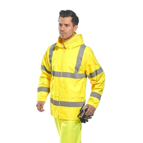 Portwest UH440 Mens Hi Vis Rain Jacket Waterproof Lightweight Reflective Safety Workwear Packable Hooded Vented Back Construction Roadwork Highway Rail, Yellow, XXL — view 3