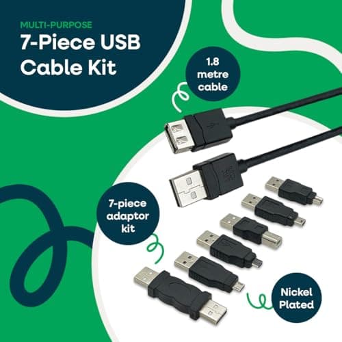 Totely USB Cable Kit 7-Piece Multi-Connector Set with 1.8 m Cable and Adapter Tips - USB Adapter Kit for Multi-Device Connectivity, Nickel-Plated Connectors, Compact Travel-Ready Design — view 2