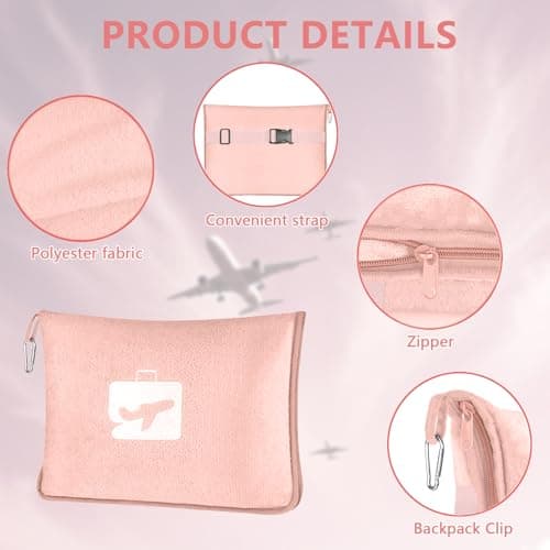 flintronic Travel Blanket and Pillow, 2 in 1 Airplane Blanket with Eye Mask and Ear Plugs, Compact Office Blankets, Lightweight & Portable Pillow for Adults, Kids,Long Flights and Trains (Pink) — view 3
