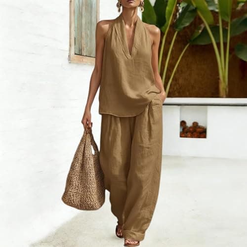 2 Piece Co Ord Sets for Women 2026 Summer Cotton Linen Lounge Wear Sets V Neck Sleeveless Tunic Tops & Wide Leg Trousers Loose Baggy Lightweight Womens Co Ord Set Holiday Travel Airport Outfits Gold — view 5