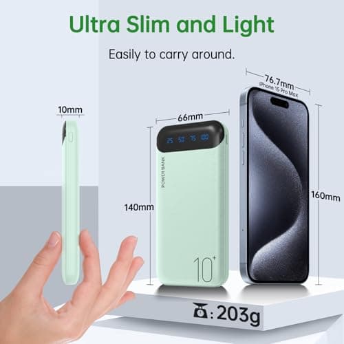 Portable Charger 10000mAh Slim USB C Input and Output Power Bank with LED Display Lightweight External Battery Pack Compatible for iPhone 14/13/12, iPad, Samsung etc. (green) — view 6