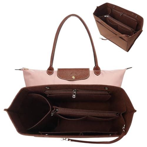 AIYJWXINP Bag Insert Organizer, Handbag Organiser Insert, Multi-Pocket Felt Handbag Organizer With Zipper for Insert Wallet Organizer, Folding Tote Bag Organizer Insert for Longchamp (brown, M)