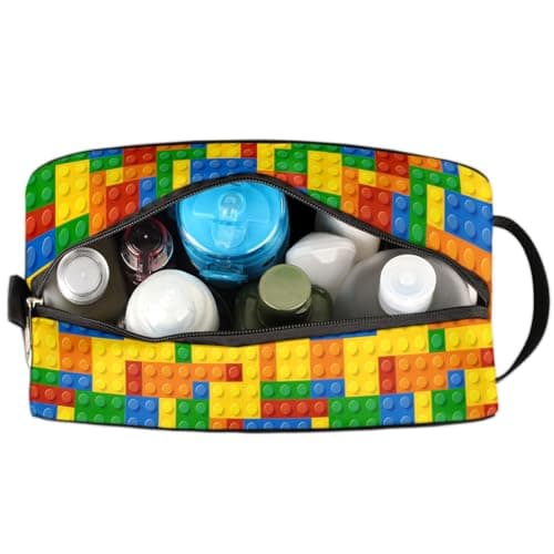 Travel Toiletry Bag for Boys Kids, Colourful Building Blocks Waterproof Hanging Cosmetic Hygiene Bags for Men, Shaving Kit with Large Capacity for Bathroom, Sports, Shower — view 5