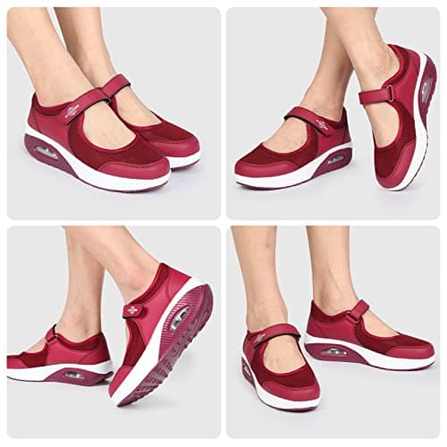 STUNAHOME Women Mary Jane Sneakers Breathable Mesh Air Cushion Comfortable Lightweight Casual Walking Shoes Maroon — view 2