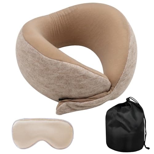 Travel Pillow for Kids, Soft Kid Neck Support Pillow Traveling Memory Foam Airplane Pillow with Sleep Mask, 360° Fit & Support U-Shaped Pillow for Kids Boys Girls Teens to Rest on Long Flights (Khaki)