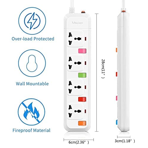 UK to EU Travel Extension Lead, Mscien 4 Way Individual Switches Universal Power Strip Overload Protector With 1.8M Extension Cord — view 4