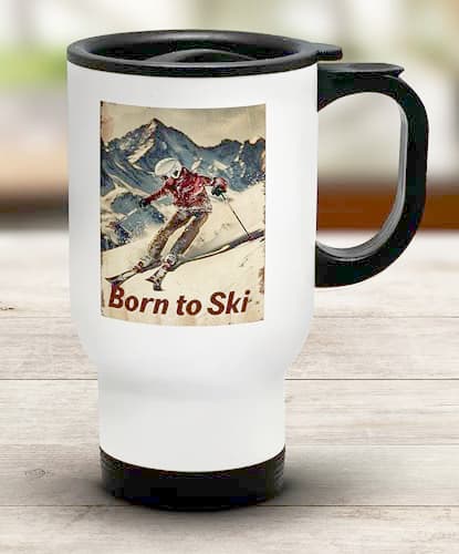 Shopagift Born to Ski Travel Mug Skiing Moutains Snow Slope Stainless Steel 14oz Cup — view 2