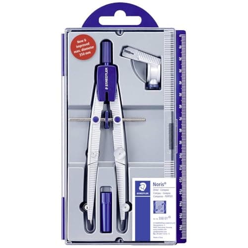 STAEDTLER 550 01 Noris School Compass with Centre Wheel, Universal Adapter and Lead Box (350 mm Diameter), Blue / Silver