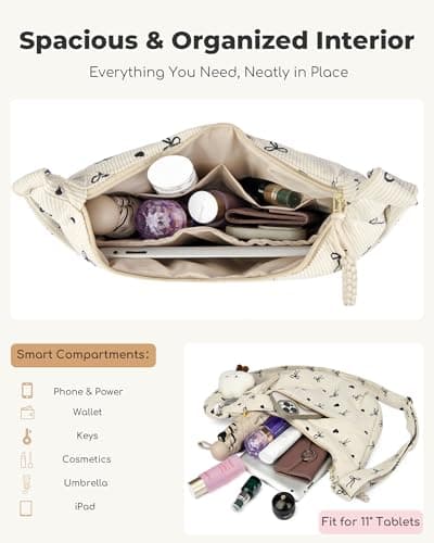 Micmores Corduroy Crescent Bag for Women - Aesthetic Printed Crossbody Moon Bag with Tablet Sleeve, Lightweight Shoulder Sling Purse for School, Travel & Daily Use (Beige-Cherry print) — view 4