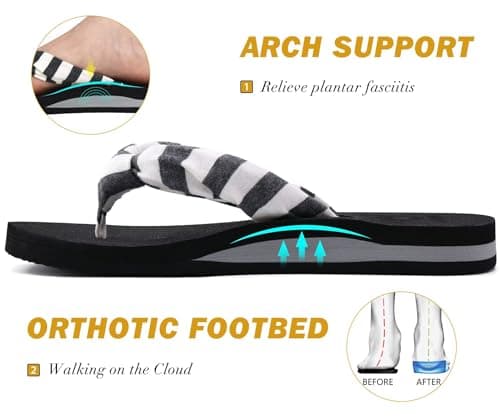 KuaiLu Flip Flops Women Fabric Support Sandals Beach Thong Black White 6 — view 5