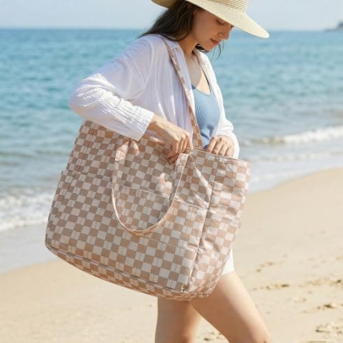 G4Free Large Beach Bag for Women, Waterproof Sandproof Foldable Beach Tote Bags with Zip, Pool Travel Swim Grocery Tote Bags, Brown Plaid — view 3