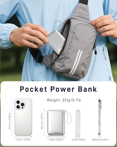 VINKO 20000mAh Fast Charging Power Bank, Small Power Bank with Built-in Cable, 22.5W USB C Portable Charger, Mini Battery Pack for iPhone 16 15 14 13 Samsung Galaxy Google Android (Sliver) — view 4