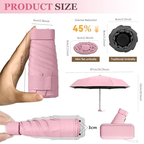 Mini Folding Travel Umbrella, Windproof Strong, UV Protection, 6 Ribs, Pocket Umbrella with Capsule Case for Women, Men, Girls-Pink — view 2