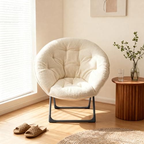 Portable Soft Moon Chair Folding Camping Chair Cozy Reading Chair Sheep Wool Accent Stool for Bedroom Balcony Garden Relaxation Areas80x80x37 cm