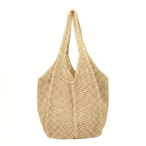 YANFALE Crochet Beach Bag, Holiday Beach Bags for Women, Mesh Beach Tote Bag, Foldable Summer Handbag, Hollow Woven Boho Shoulder Bags for Travel, Daily Work, Shopping (Beige)