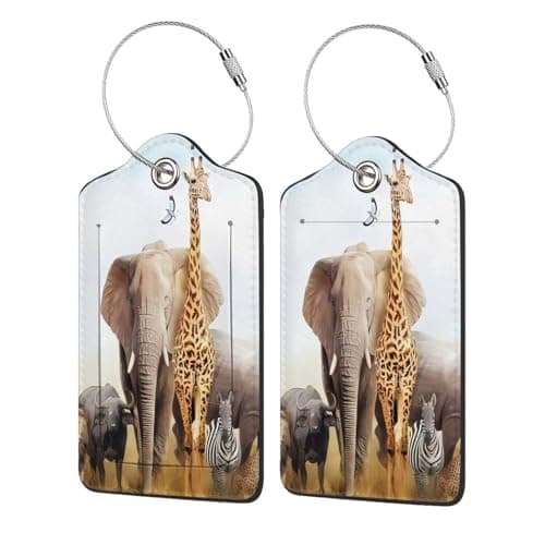 Animal Safari Patterned Leather Luggage Tag with Name Id Tag and Stainless Steel Ring for Women Men Luggage Handbags 1 Pcs