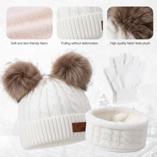 kids Hat Scarf Gloves Set, Knit Thick Warm Three-Piece Sets, Thermal Knitted Beanie Hat Snood Neck Warmer Mitten, Winter Warm Set Essential for Children （White） — view 3