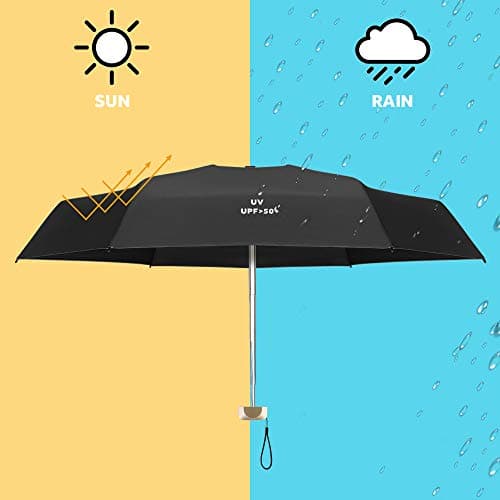 Vicloon Mini Umbrella, Pocket Umbrella （Black） with Golden Handle, 210T Black Rubber Cloth & 6 Aluminum Alloy Ribs, Foldable Compact Travel Umbrella, UPF>50+ UV Resistance — view 4